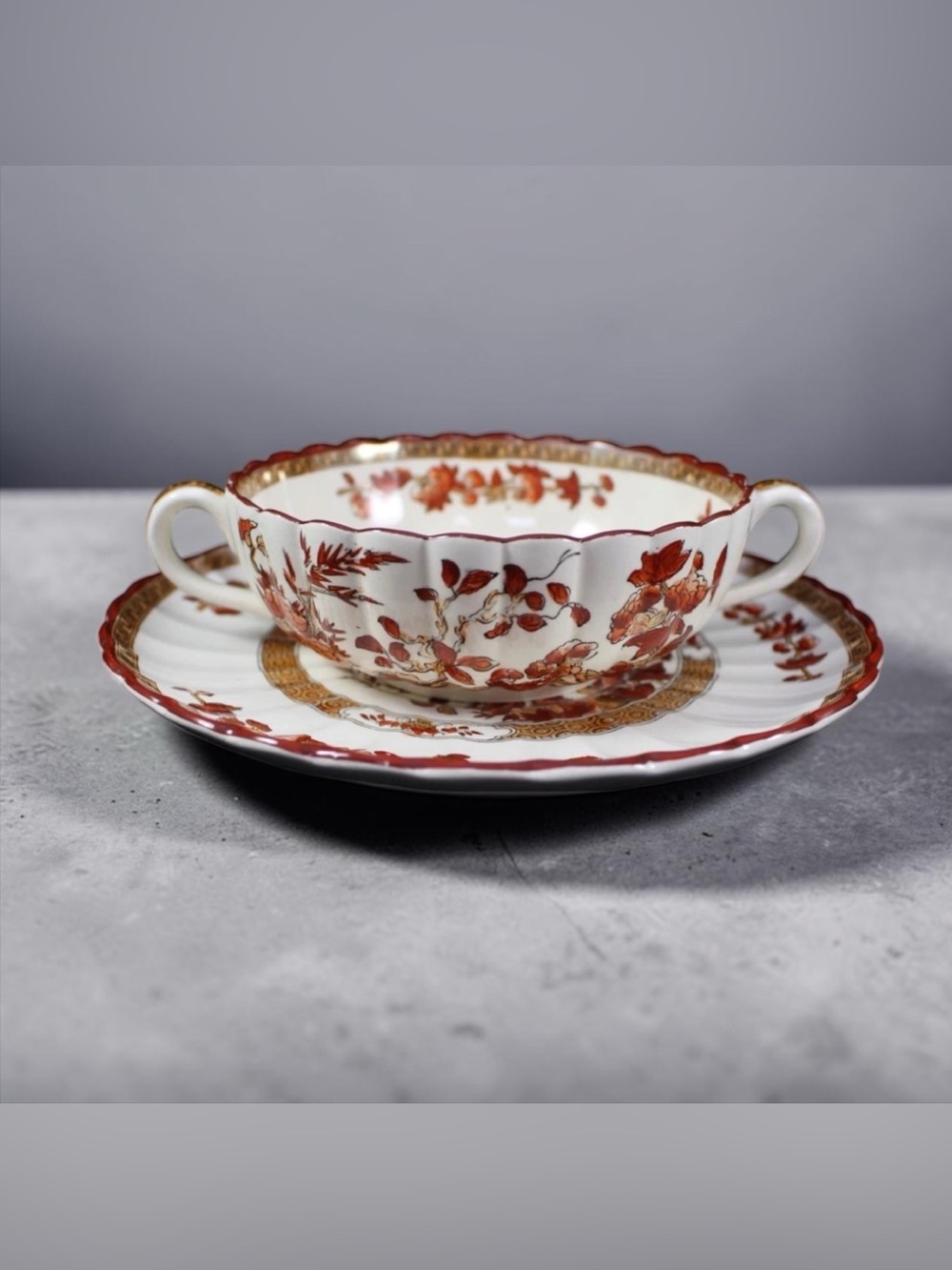 Spode Indian Tree Flat Soup Bowl with Saucer Orange Rust Scalloped Design.